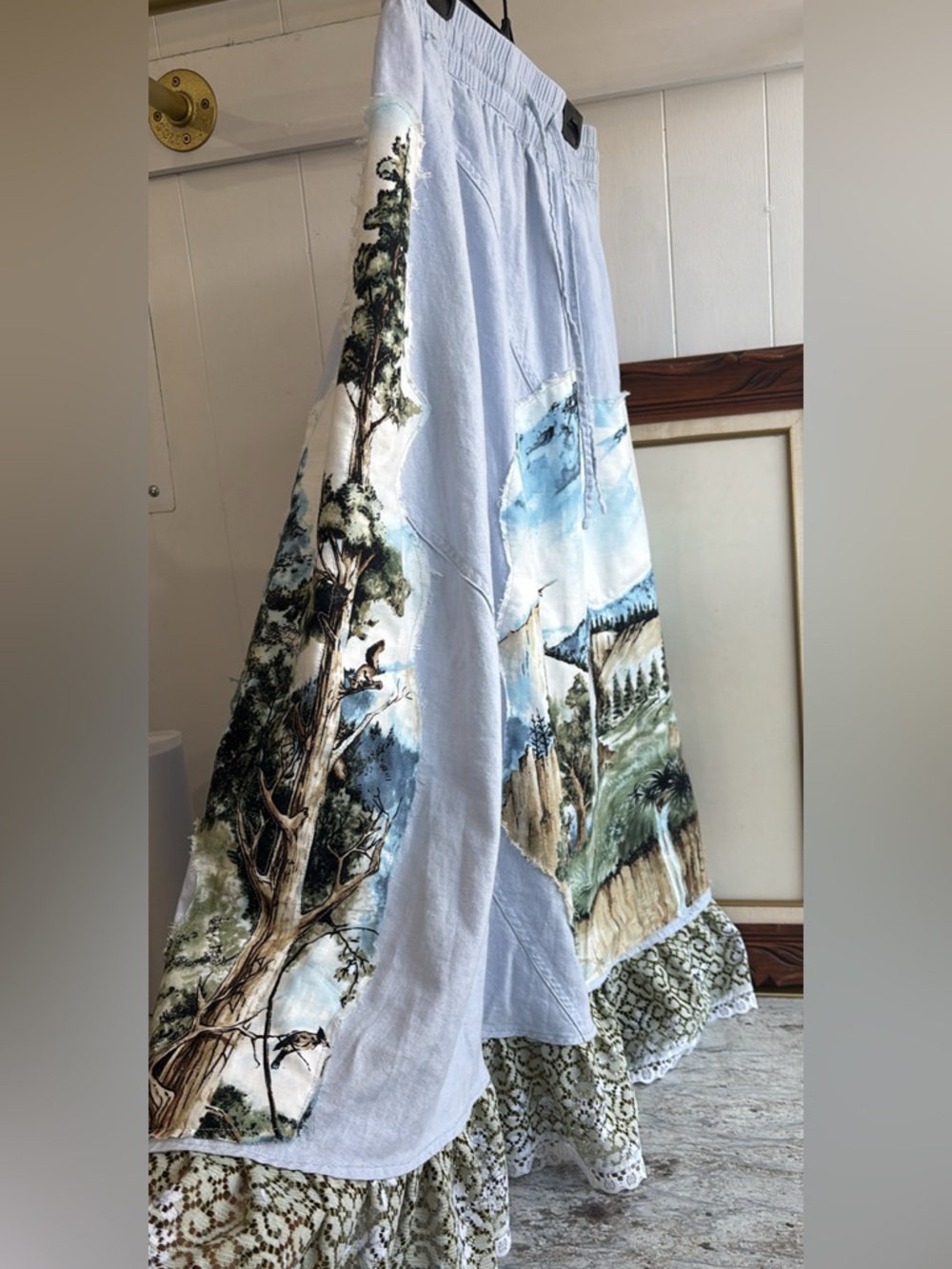 Romantic Garden Long Linen Blend Maxi Skirt Lace Trim Ruffle Print Patchwork - Picture 3 of 11